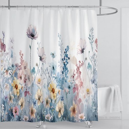 Akvarel Blade Bruseforhæng Sæt Vandtæt Blomsterplante Blade Stof Badeværelsesforhæng med Kroge, B220xH180cm