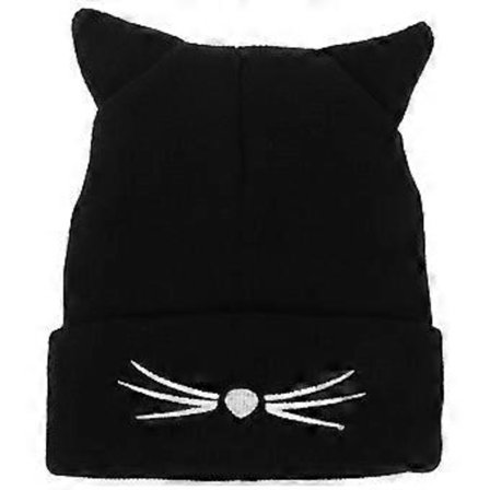 Vinterhue til kvinder, katteører, hæklet, flettet strikhue med dobbelte kvaster, katteører til kvinder og piger (Sort)