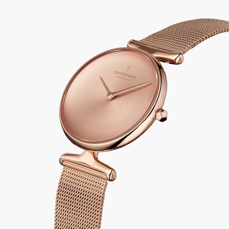 Nordgreen Best Women's Slim Designer Watch - Rose Gold Case - Brushed Metal Dial - 28mm Rose Gold Mesh Strap White Dial Unika