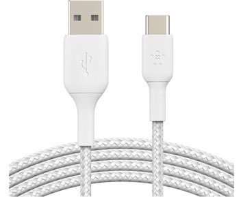 Belkin Belkin USB-A-USB-C, Braided, 2M, White - Flätad USB-A till USB-C-kabel, 2 meter