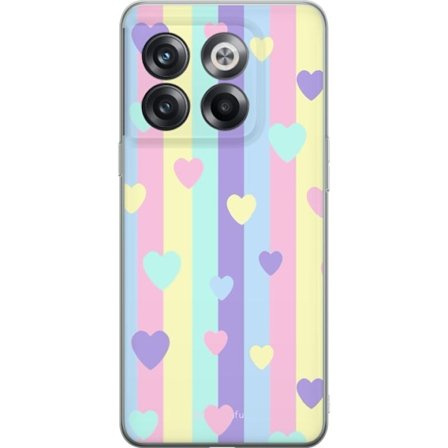 Kompatibelt Mobildeksel til OnePlus 10T Pastellstriper i rosa, gul, lilla og blå med spredte hjerter i myk kawaii-stil.