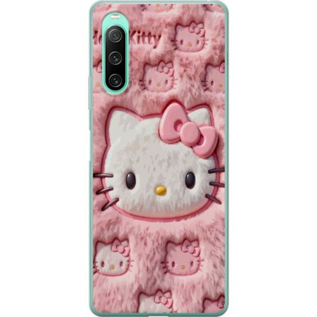 Kompatibel Mobilcover til Sony Xperia 10 IV Hello Kitty lyserød fluffy baggrund med ikonisk ansigt og kawaii-æstetik
