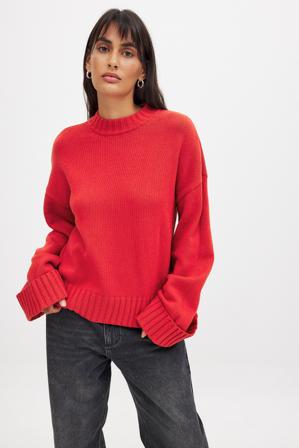 NA-KD Pull en maille à manches retroussées - Pulls Oversize - Rouge - M (EU 38-40)