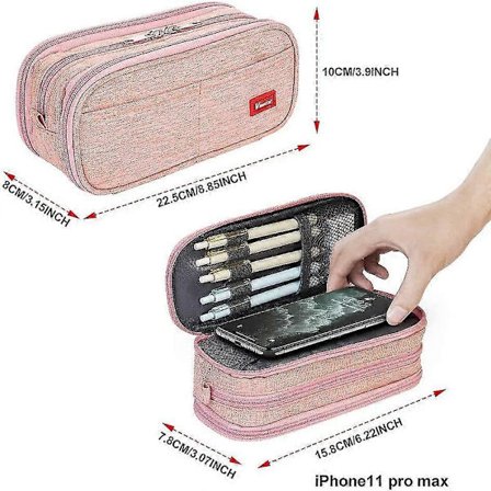 Stort pennal med stor kapasitet, stor oppbevaringspose, 3 rom, skrivebordsorganisator, markørpennal, enkel skrivesakerpose, pennholder (svart