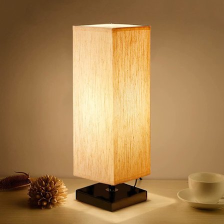 Bedside Table Lamp, Minimalist Solid Wood Bedroom Lamp With Square Flaxen Fabric Shade For Nightstand, Dresser