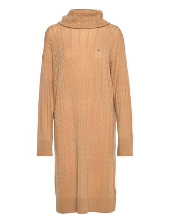 Crv Softwool Cable Roll-Nk Dress Knälång Klänning Brun Tommy Hilfiger