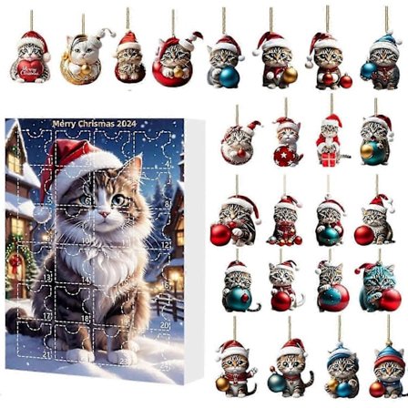 Katt Adventskalender 2024, Jul Adventskalender 2024, 24 Dagar Jul Nedräkningskalender, Juldekoration för Kattälskare