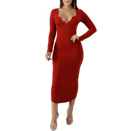 Sexig V-ringad Långärmad Dam, Solid Patchwork Bodycon Midi D