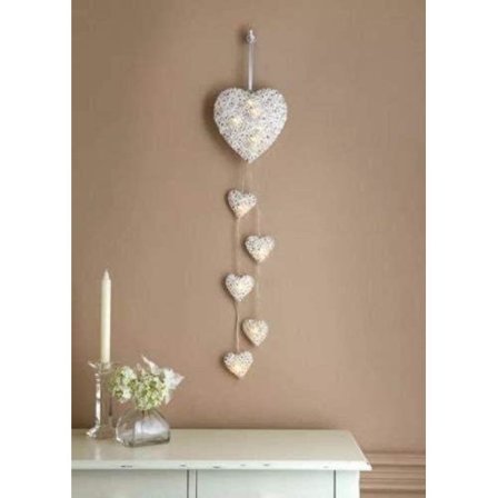 Rustikk Shabby Chic 6x Veggheng hjerter i kurv LED lyslenke l