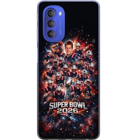 Yhteensopiva Puhelinkuori Motorola Moto G51 5G Super Bowl 2026 juliste, jossa New England Patriots ja NFL-mestaruuspalkinto räjähtävän urheilullisessa
