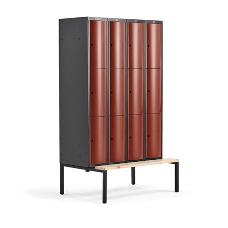 Clothes locker CURVE, bench, 4 x 3 doors, 2120x1200x550 mm, red
