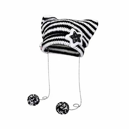 Uusi japanilaistyylinen kissankorva neulottu hattu, tähtiraidallinen neulottu hattu, syksy-/talvipehmoinen tupsuriipus lämmin hattu, monipuolinen 