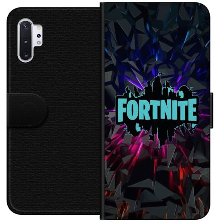 Yhteensopiva Lompakkokotelo Samsung Galaxy Note10+ Fortnite-logo - Musta tausta, sininen neon ja värikkäät valot
