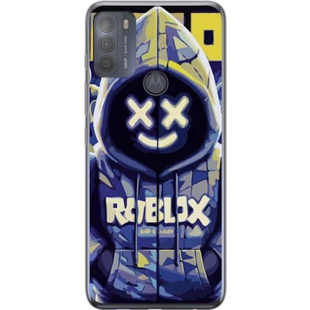 Kompatibelt Mobildeksel til Motorola Motorola Moto G50 Blågul Roblox hettegenserfigur med minimalistisk neonstil og masket ansikt, moderne spillillus