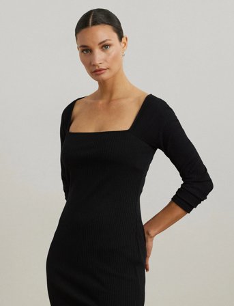 Lauren Ralph Lauren Rib-Knit Long-Sleeve Midi Dress - Black - L