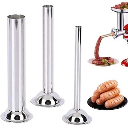 {PL}Sett med 3 pølsehorn i rustfritt stål for manuell pølsemaker