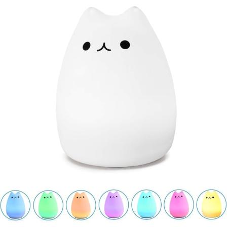 Bærbar Sød Kat Silikon LED Natlampe, USB Genopladelig Børnenatlys Med Varmt Hvidt & 7-farvet Åndedrætstilstande, Berøringsfølsom Styring, Til
