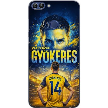 Yhteensopiva Puhelinkuori Huawei Huawei P smart Viktor Gyökeres jalkapallojuliste keltaisella ja sinisellä värimaailmalla, dramaattinen stadiontaus