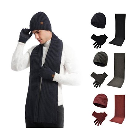 Knitted 3 pcs Scarf + Hat + Gloves