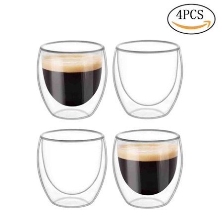 4 stk Dobbeltveggede Kopper Glass Krus, Klar Dobbeltvegget Kaffekopper, Dobbeltvegget, Cappuccino, Latte og Isolert (250ml)