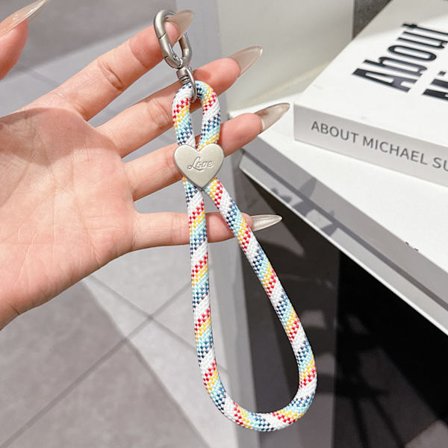 Färgglatt vävt mobilskal med hängande rep, nyckelring, anti-förlust handledsrep, mobilkedja DIY polyester hjärtformat kort rep