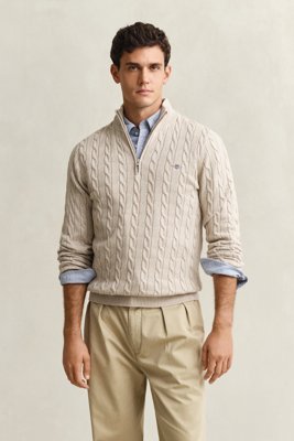 GANT - Kabelstrikket genser med half-zip til herre oat melange