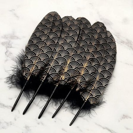 30 stk. gulddippede sorte gåsefjer 15-23 cm guld mønstrede sorte gåsefjer gulddippede skymønstrede sorte fjer til Halloween-håndværk Diy P