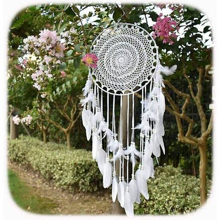 Stor Boho Drömfångare Vit Fjäder Spets Väggdekoration Vintage Bröllop Heminredning 35cm Rund 110cm Lång