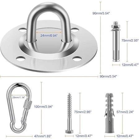 Loftkroge, kraftige rustfri stålkroge, 4 stk. til beton træremme, yoga, hængekøje, (2 stk. sølv)