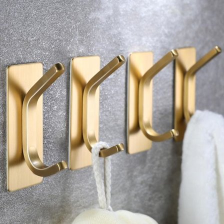 Gullfarget lim krok (4 pakker) - Klistremerker som henger ekstra sterke kåpe/frakkekrok, rustfritt kraftig kleshenger stikker på vegg/dør