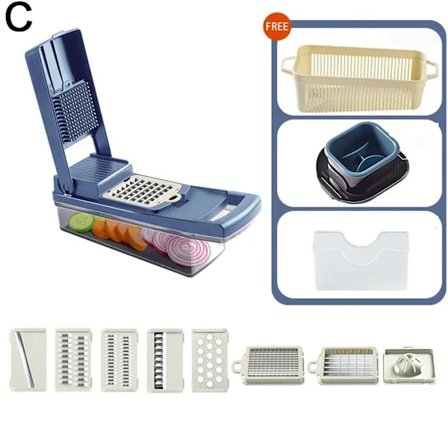 Multifunktion Grönsakshackare 7 blad Grönsaksskärare Lökhackare Skärare Dicer Äggavskiljare Rivjärn Skärare Avloppskorg