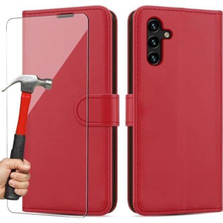 Kortholder etui til Samsung A04s + 2 blå lædereffekt hærdede briller