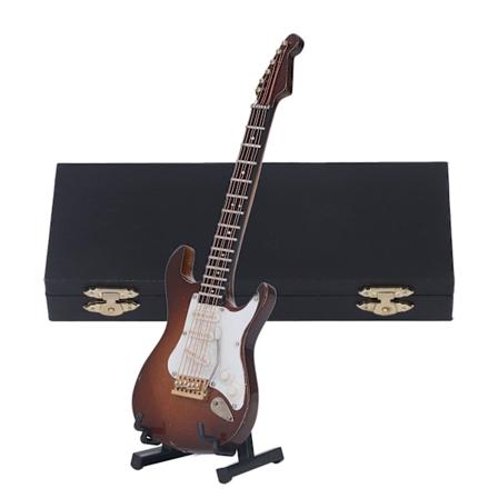 Miniatyr elektrisk gitar kaffefarge 7,1 tommer lang trebelagt overflate mini gitarmodell med holderboks for bord
