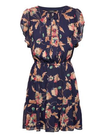 Floral Crinkle Georgette Tie-Neck Dress Kort Kjole Navy Lauren Ralph Lauren