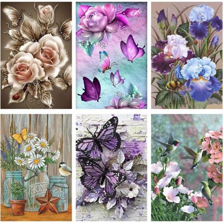 6 Pak Diamantmaleri Sæt - Sæt til Voksne Børn Begyndere, DIY Sommerfugl Kolibri Blomster Diamantmaleri Pakker Hjemmevæg Dekoration 11.8x15.7in