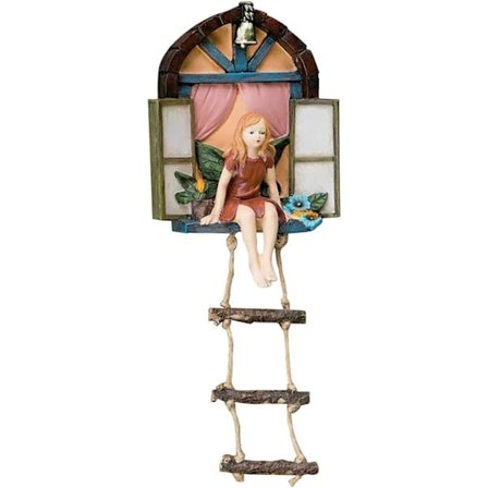 Pieni tyttökeiju, keijupuutarhan ikkunapatsas, pienoiskoossa oleva tyttötikas, roikkuva puuveistos, mikro-maisema koriste, keijupuutarhan ikkuna