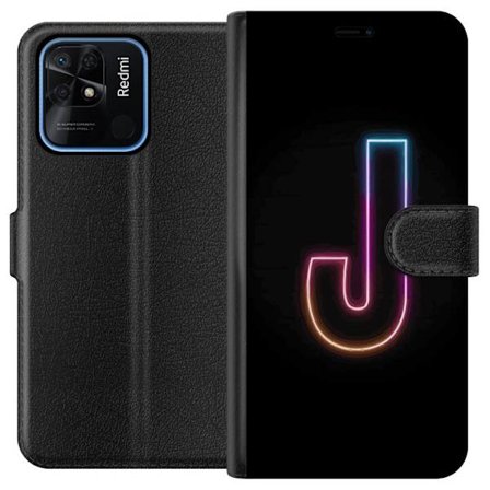 Kompatibelt Lommeboketui til Xiaomi Xiaomi Redmi 10C Minimalistisk neonbokstav J i fargeskiftende lys mot svart bakgrunn