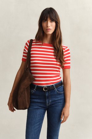 GANT Damen Geripptes T-Shirt mit Streifen (XXL) Rot