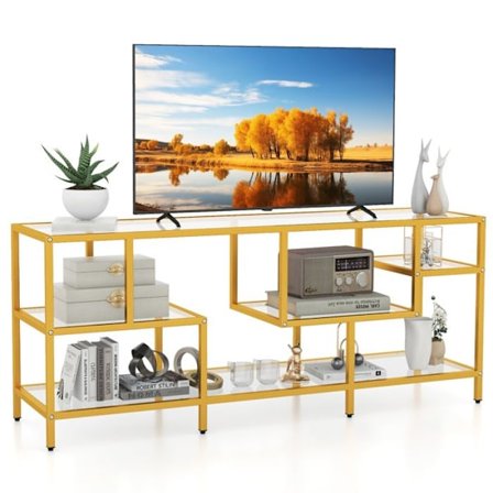 COSTWAY 65" TV-bänk i glas med stort bord och 4 hyllor i härdat glas, för vardagsrum, sovrum, sal, 147 x 40 x 62 cm