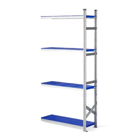 Reol påbyggseksjon med blå plasthyller, 2500x1200x400 mm