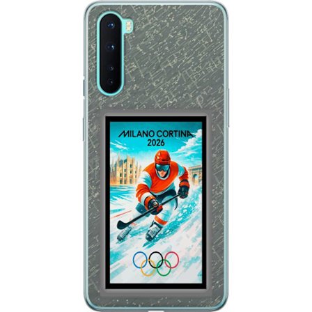 Yhteensopiva Puhelinkuori OnePlus Nord Curlingkuvitus pelaajilla ja kivillä jäällä, Milano Cortina 2026, lumisia roiskeita ja olympiasormukset