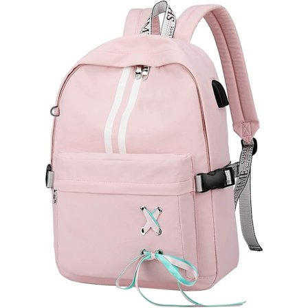 17,3 tommers avslappet laptop-ryggsekk tyverisikring skolesekk dagssekk bånddekorasjon skolesekk med USB-ladeport for tenåringsjenter kvinner, rosa