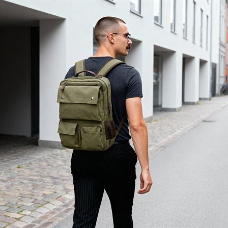 Sac à dos compact en toile vert armée et cuir marron pour hommes - Sacs à dos