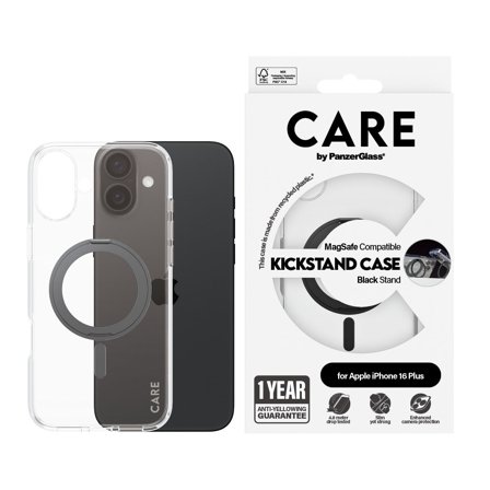 CARE by Panzer Feature Case Transparent w. Black Kickstand & MagSafe iPhone 16 Plus PanzerGlass - High quality tempered glass screen protector