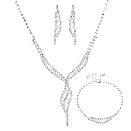 Bryllups Smykkesæt Sølv Glimtende Rhinesten Halskæde Armbånd Øreringe Sæt