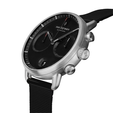 Nordgreen Men's Scandinavian Wrist Watch - Silver Case - Black Dial - Black Mesh Watch Strap Pioneer White Dial Chronograph