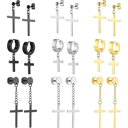 Korsøreringe i rustfrit stål til mænd, allergivenlige øreringe, unisex punk øreringe, creoler med vedhæng, korsøreringe til mænd og kvinder, 9 par