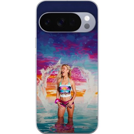 Kompatibelt Mobildeksel til Google Pixel 10 Pro Blond kvinne i fargerik strandantrekk som leker i havet ved solnedgang