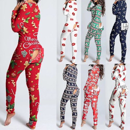 Seksikäs pyjama naisille Joulupyjamat Uuden vuoden haalari Yöpuku Napitettava edestä takaa takapuoli avoin haalari Jouluprintti Loungewear Punainen S