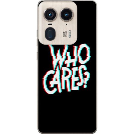 Yhteensopiva Puhelinkuori Motorola Edge 50 Ultra Glitch typografia, jossa teksti "who cares" on punaisella ja syaanilla mustalla minimalistisella tau